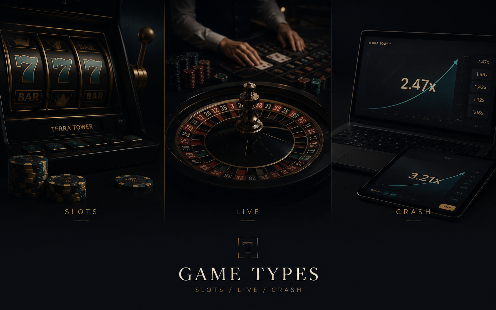 Overview of crash games, live dealer tables, and slots